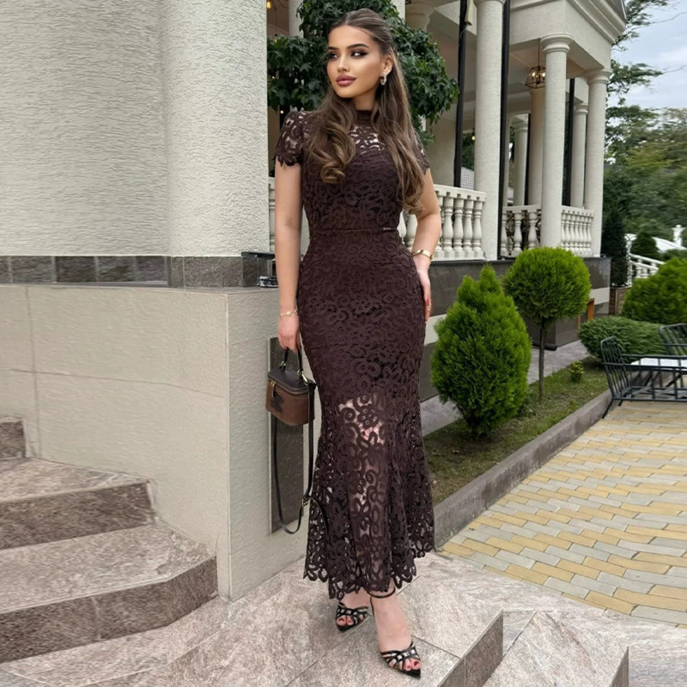 Forever 21 Elegant Lace Cutout Waist Cinched Bodycon Maxi Dress Dark Brown